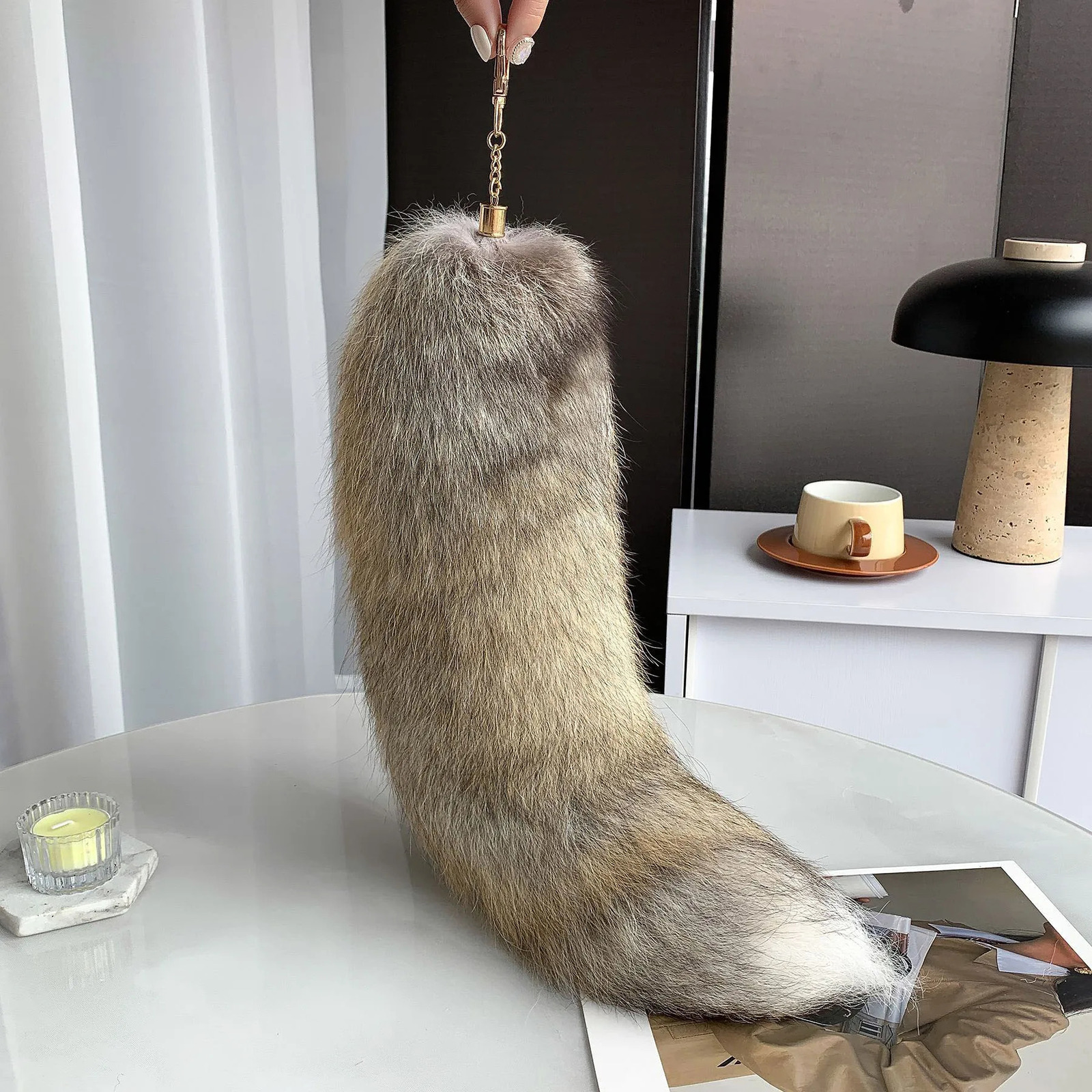 40cm large fox tail keychain woven tail fur tassel bag charm label black and brown Pom charm keychain fluffy real fur keychain 241107