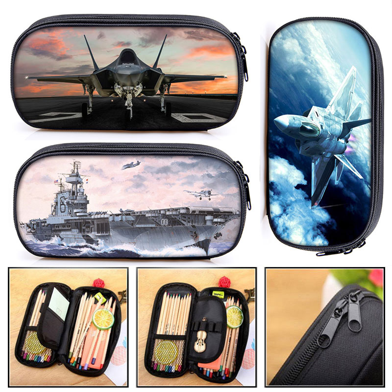 Fighter Plane Battleplane Aircraft Carrier Print Cosmetic Case Pencil Bag Boys Girls Stationary Bags Pencil Box School Case Gift