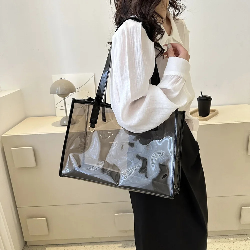PVC transparent waterproof travel storage bag womens handbag large handbag casual shoulder bag summer beach shopping bag 241107