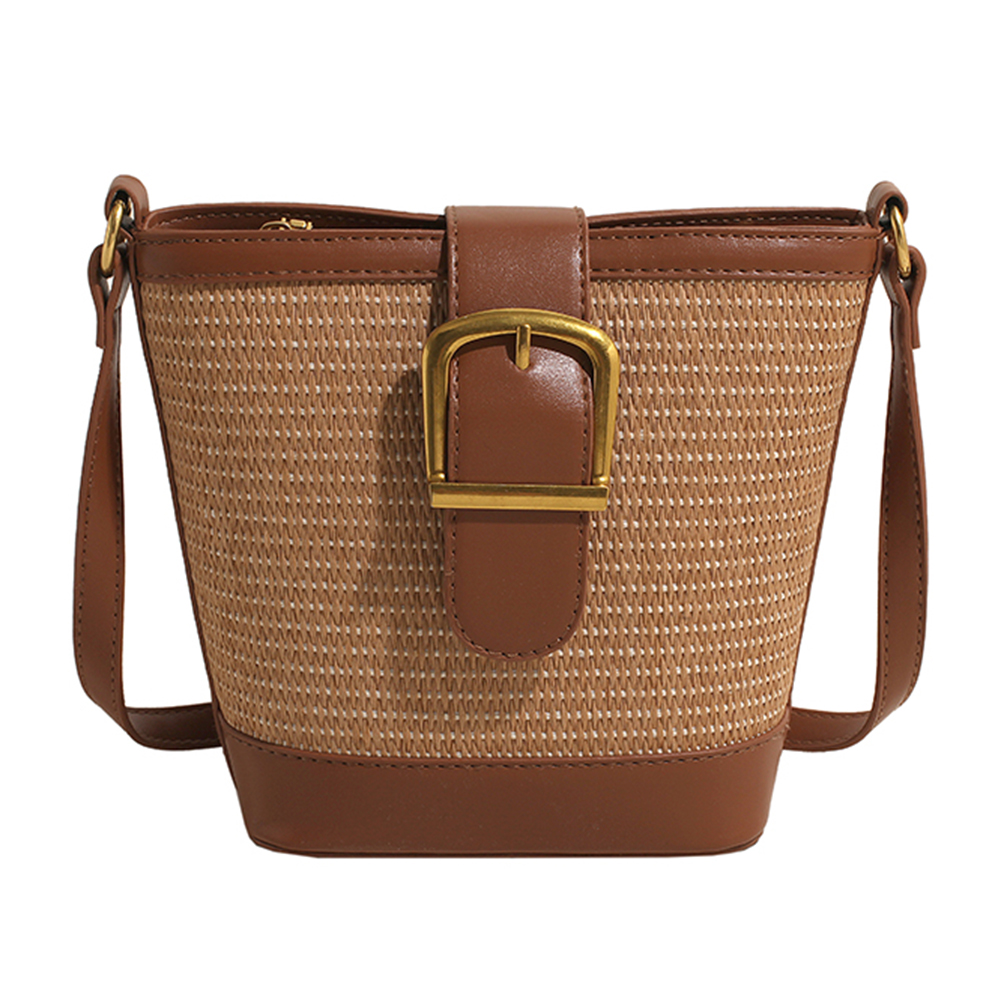 Straw Crossbody Bags for Women Raffia Woven Shoulder Bag PU Leather Straw Bucket Bag Rattan Handbag Purses Summer Beach Bag