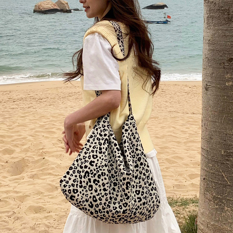 Woman Bags High-Capacity Leopard Print Women'S Shoulder Bag Ethnic Style Totems Canvas Shopper Bag Fashion Versatile White Brown