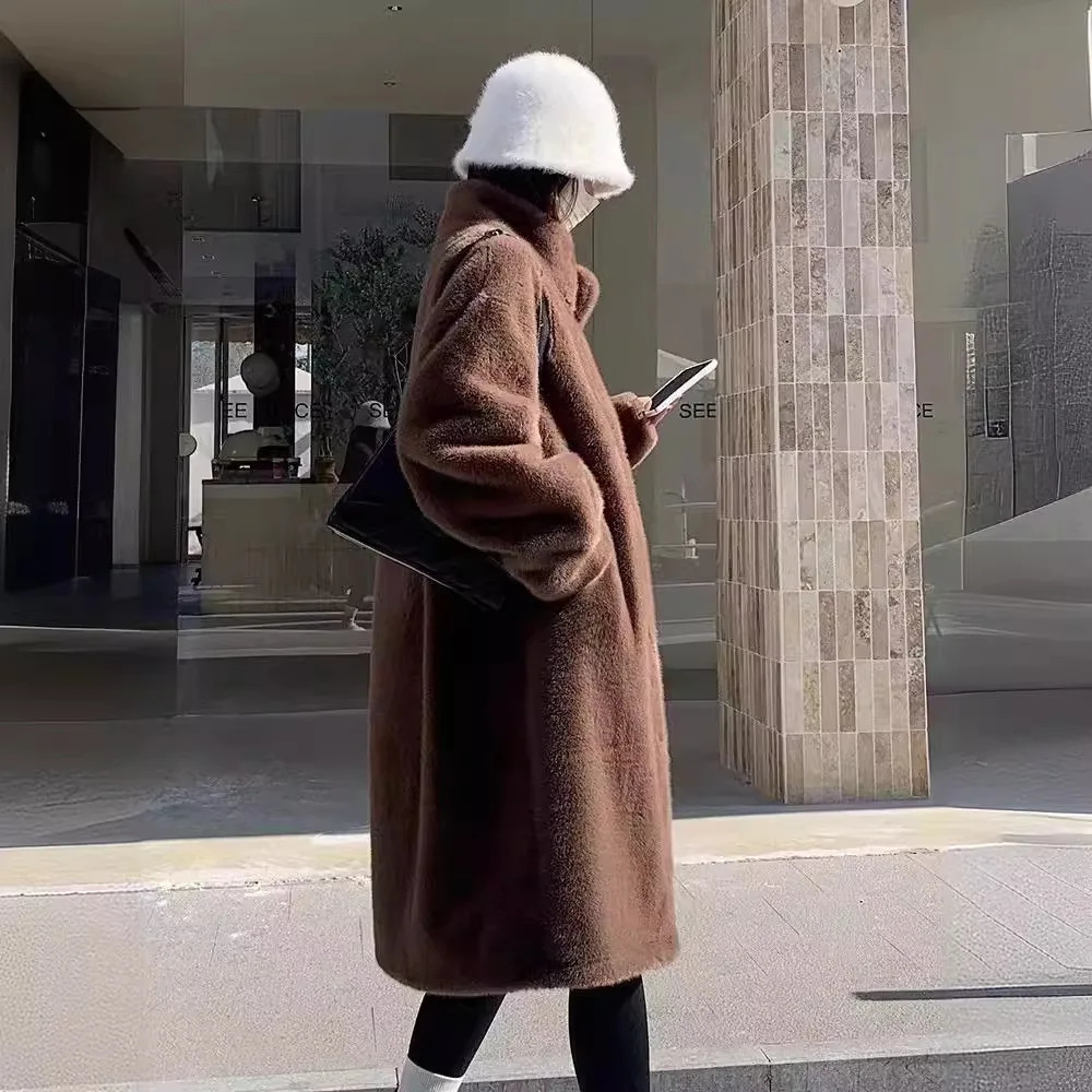 Stand collar faux mink coat womens winter plush jacket elegant fluffy jacket high-quality thick fur coat item 241107