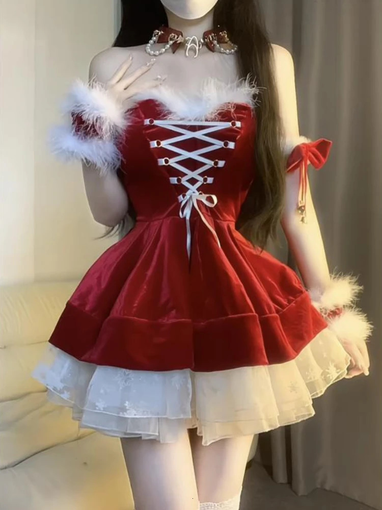 Winter French Fashion Sweet Christmas Dress Women Sense Lace Patchwork Lace Waist Red Dresses Sexy Retro Clothes 2024 241107