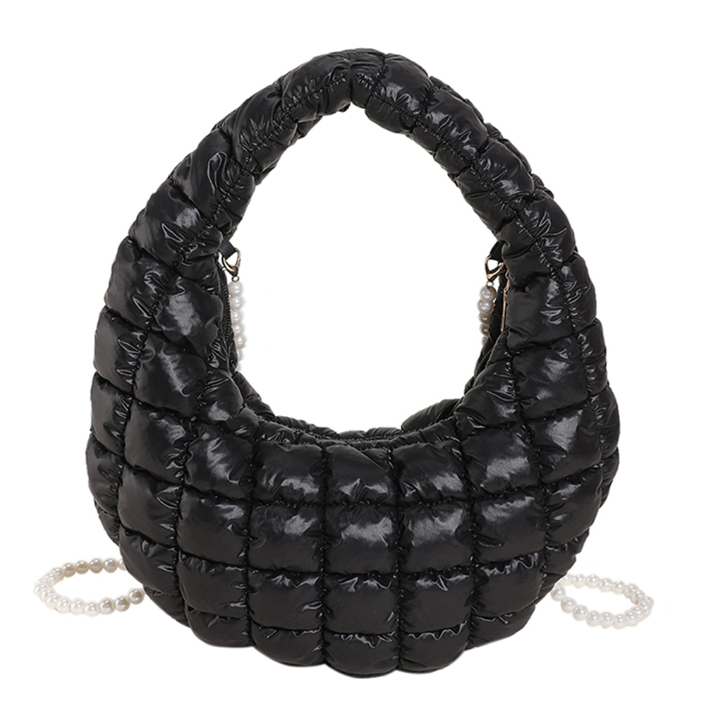 Women Quilted Shoulder Bag Solid Color Pearl Chain Sling Bag Large Capacity Padded Crossbody Bag Female Commute Bag