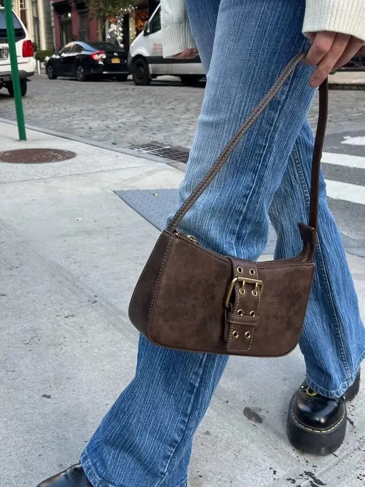 Miyagawa Brown Belt Baguette Retro Single Shoulder Bottom Bag Student Beauty Girl Fashion er Bag 241106