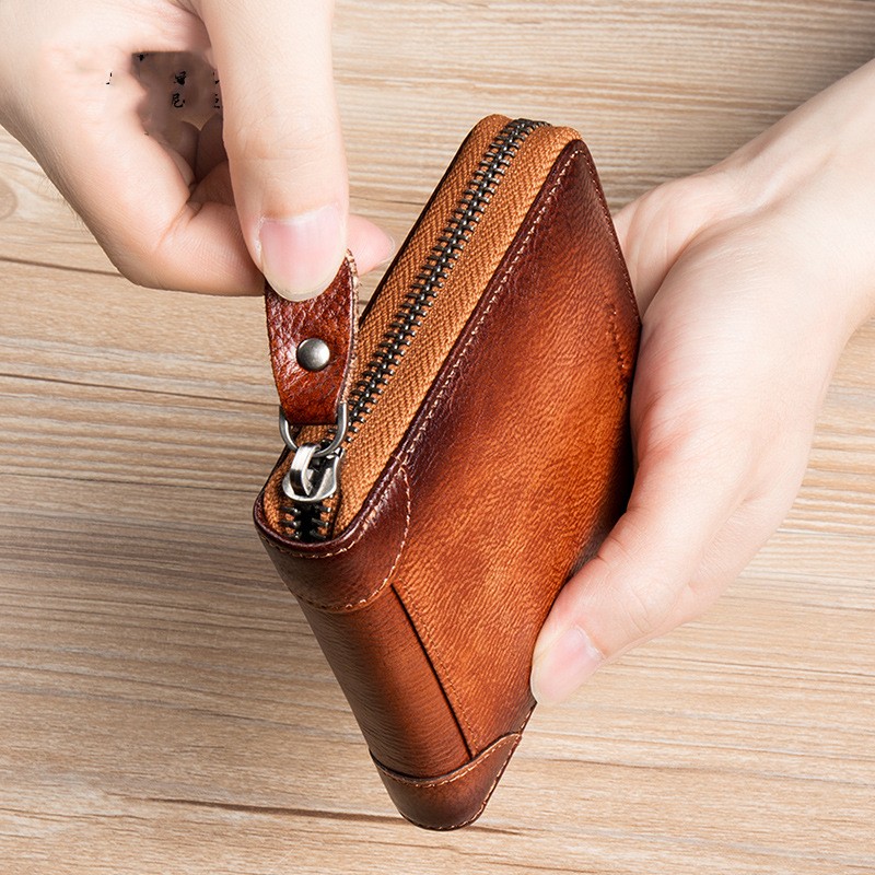 Men's Wallet Short Genuine Leather Top Layer Cowhide Zipper Card Bag