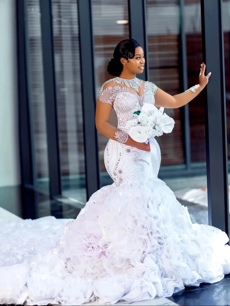 Customized Long Sleeves Crystals Bead Mermaid Wedding Dress For Bride Marriage Organza Tiered African Aso Ebi Bridal Gowns