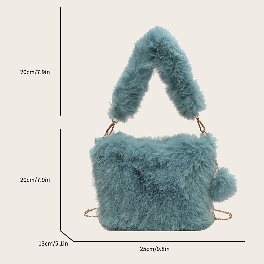 Women Fluffy Tote Bag Versatile Fuzzy Satchel Bag Fashion Chain Crossbody Bag Casual with Pom Poms Fall Winter Shopper Bag