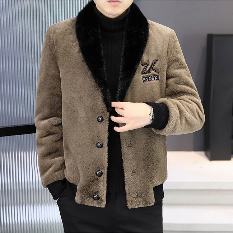 Simulated mink fur integrated leather wool jacket winter thick and warm short sleeved coat casual business social windproof 241107