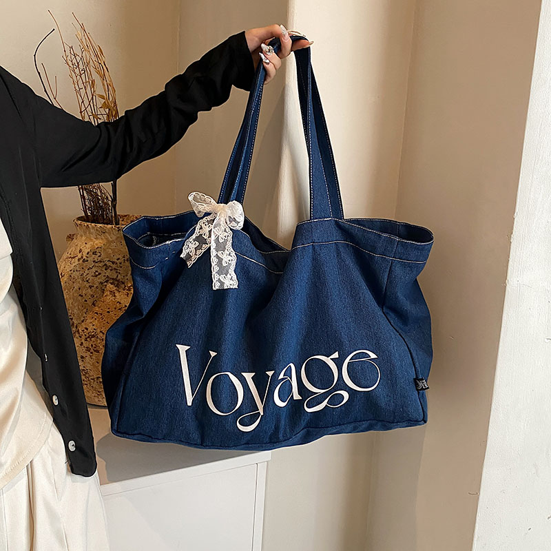 Oversized Double-sided Shoulder Bags For Women Denim Fabric Letter Decor Large Capacity Shopper Totes 2024 Summer Latest Handbag