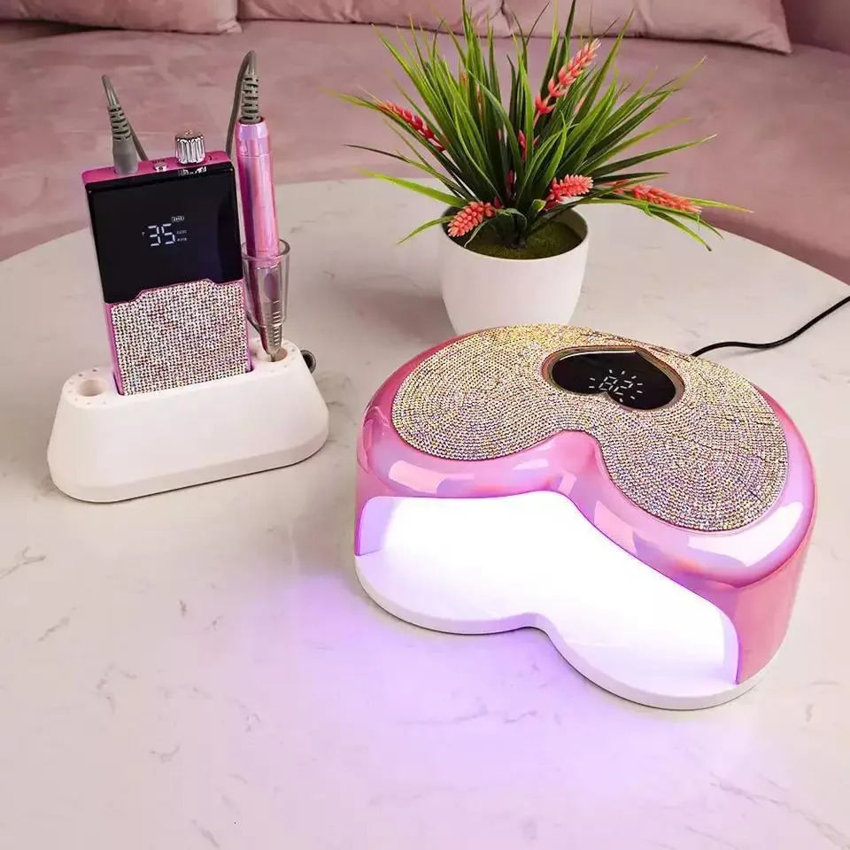 LED Professional Salon Pink Heart Shape UV Nail Lamp Electric Nail Drill 35000 Rpm File Polish Machine Kit Set 241106