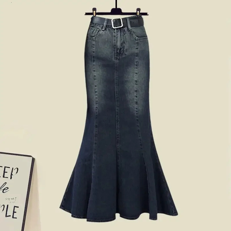 2024 Womens Fashion Plus Size Autumn Suit Trendy Age-Reducing Denim Skirt 2-Piece Set Versatile Top 241107