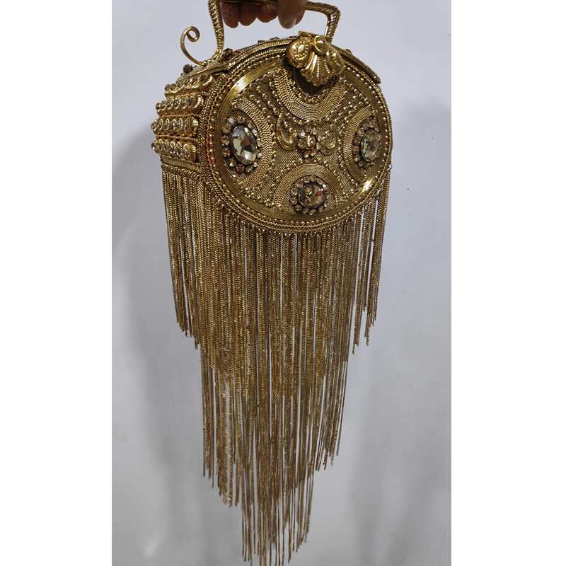 DOYUTIG Indian Design Women's Gold Long Tassels Handmade Bead Clutches Lady Classical Rhinestone Tassel Wedding Evening Bag F698