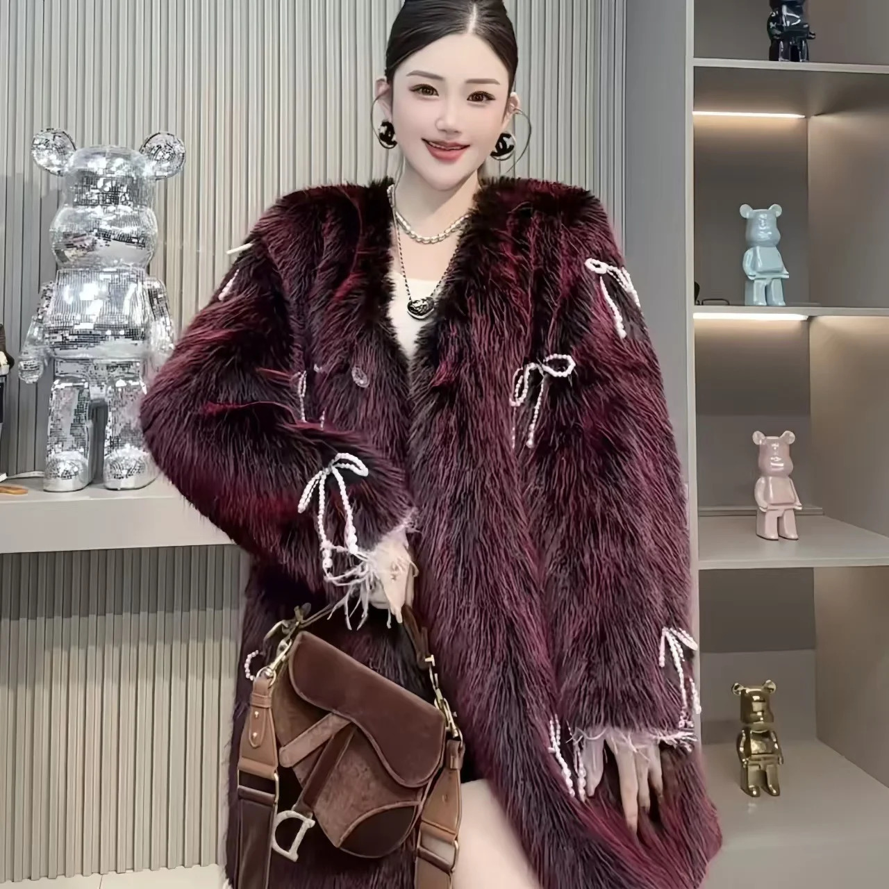 Womens faux mink coat covered with button down jacket thick warm clothing high-quality fur collar autumn and winter 241107