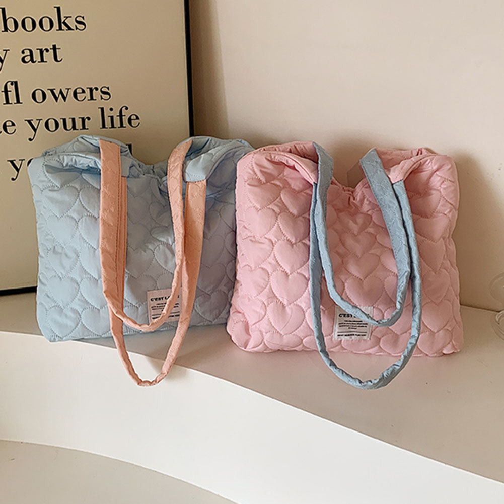 Contrast Color Heart Satchel Purse Quilted Fashion Handbag Large Capacity Casual Shoulder Purse Underarm Bag for Women and Girls