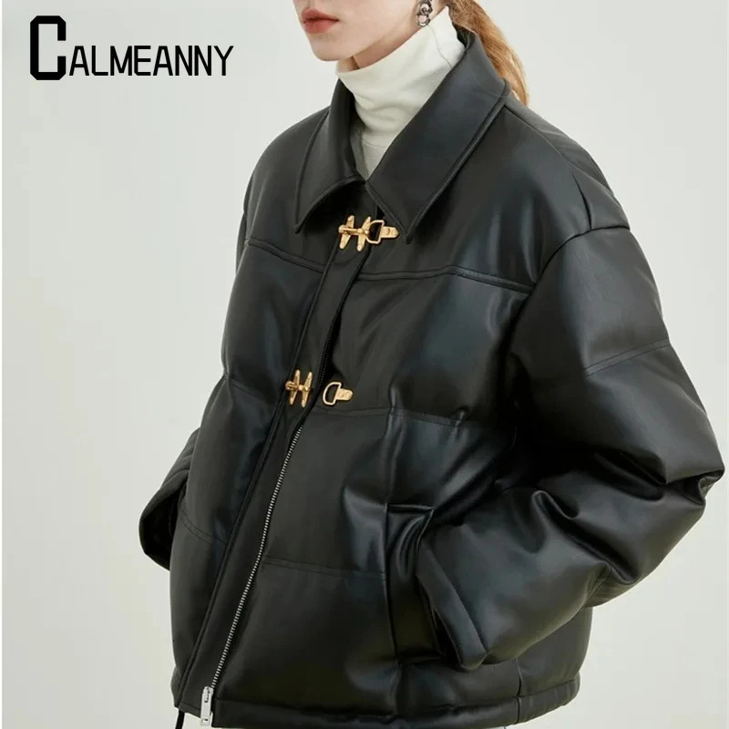 Womens down jacket winter casual loose collar velvet leather jacket short loose inflatable jacket 241107