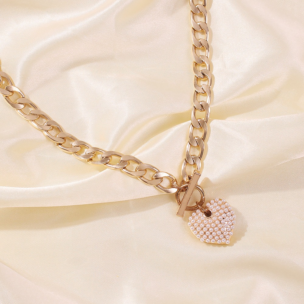 European and American Punk Minimalist Rice Bead Love Necklace Cross-border Versatile Metal Texture One Line Buckle Necklace Pearl Necklace for Women