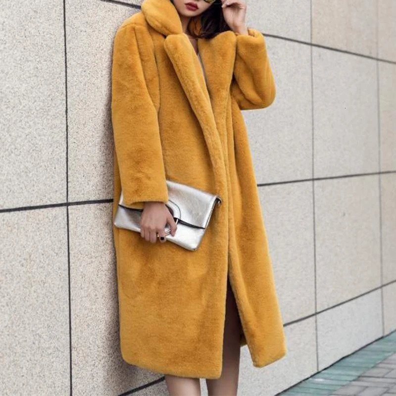 Casacos de inverno femininos elegant yellow long faux fur coat womens fashionable fur coat loose thick warm winter fur coat 241107
