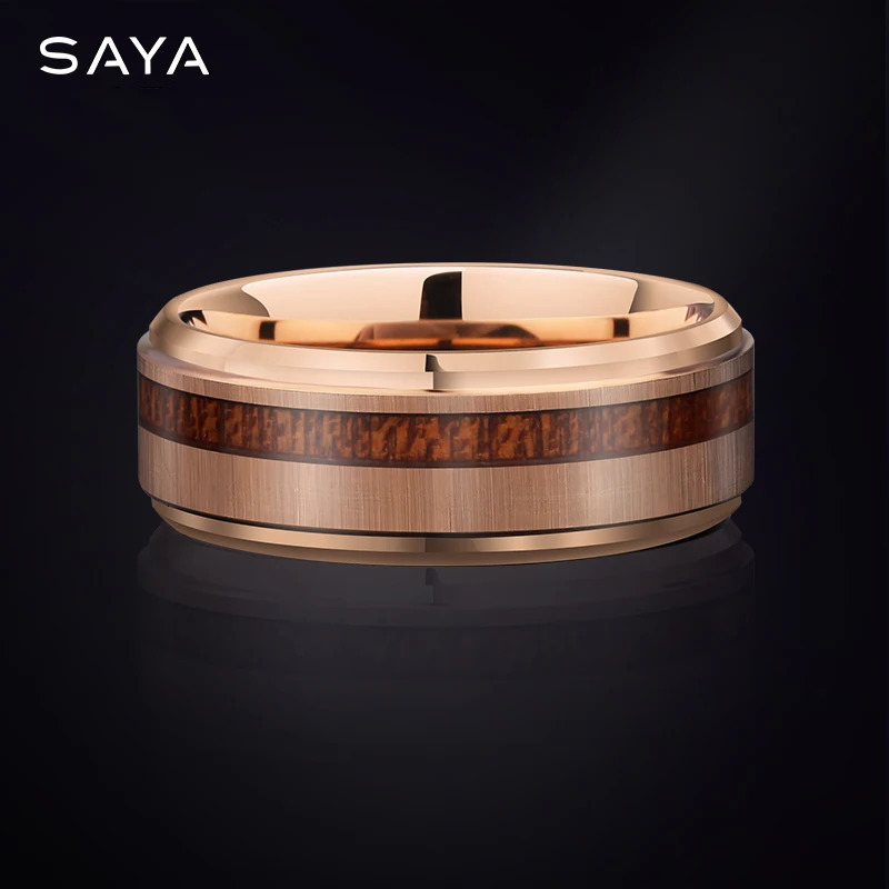 Mens tungsten carbide ring inlaid with Hawaiian wood fashion engagement wedding ring anniversary jewelry gift 241106