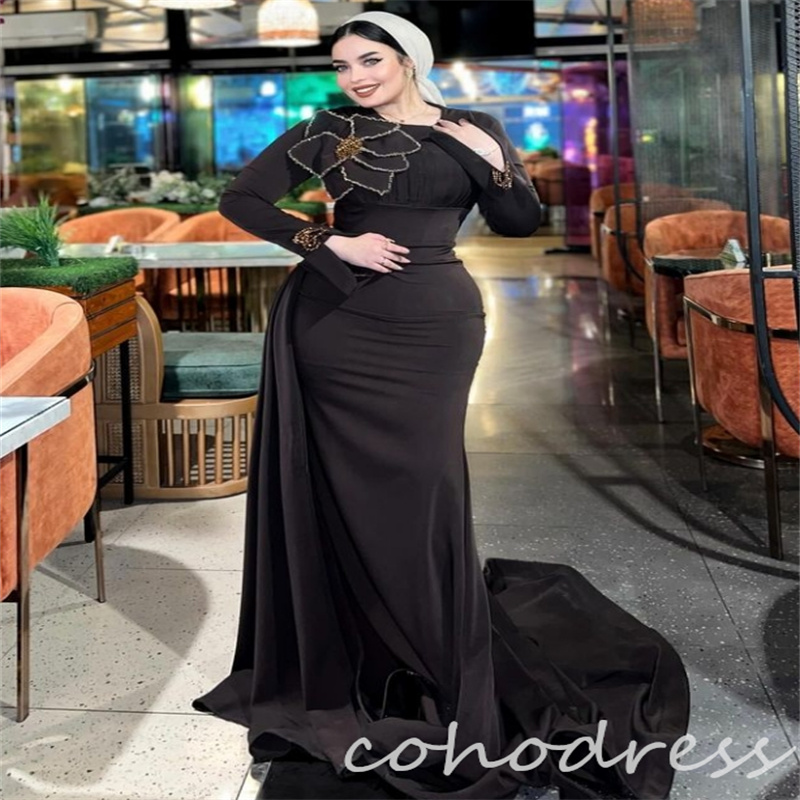 Amazing Muslim Evening Dresses With Train Elegant Long Sleeve Mermaid Prom Dress Beaded Flowers Saudi Arabic Formal Dress Islamic Robe De Mariage Vest