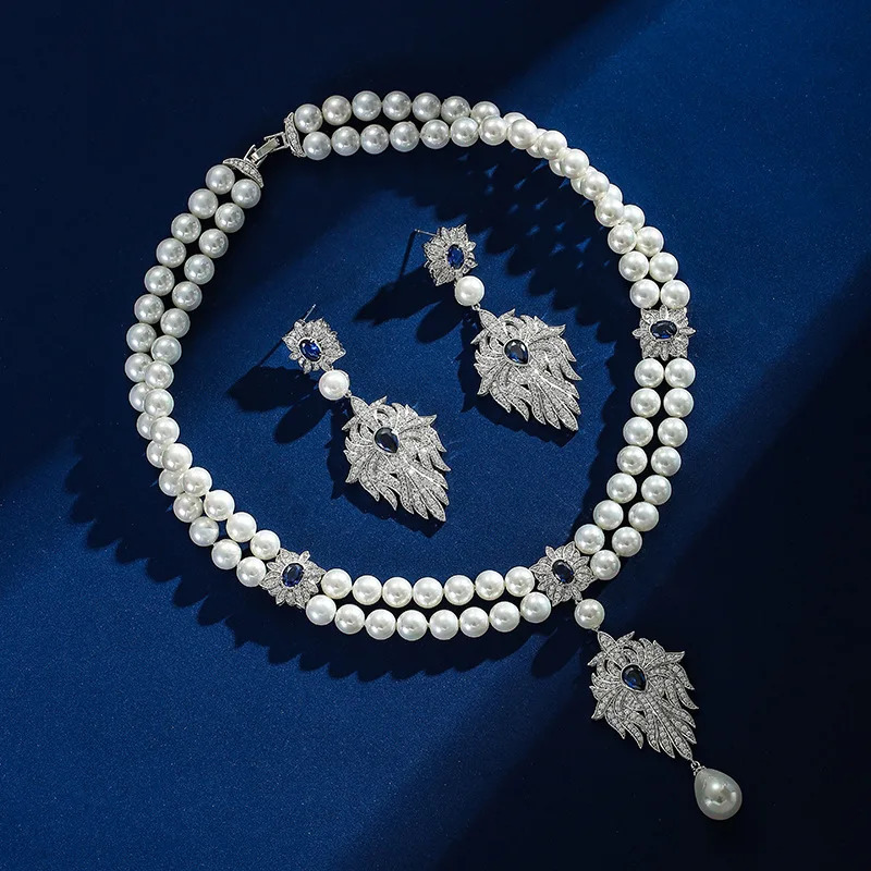 French Vintage Pearl Necklace Earring Set Flower Square Zircon Necklace Fashion Light Necklace 241106