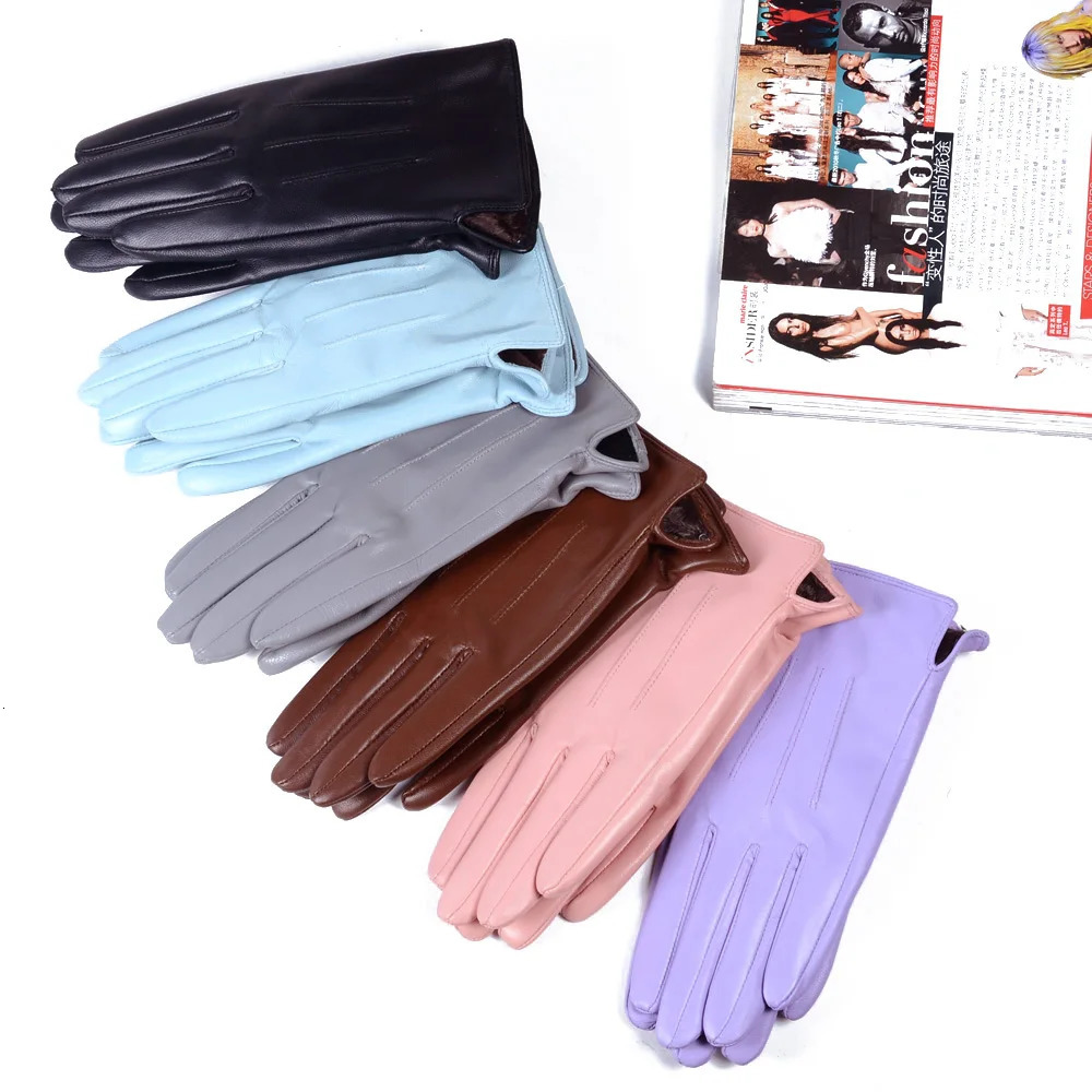 Womens Ladies 100% Real Leather Sheep skin Elegant Winter Warm Thick Lining White Pink Colorful Cute Outdoor Short Gloves 241107