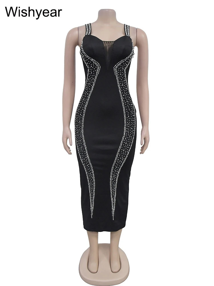 year Sexy Mesh Patchwork Diamonds Evening Party Dress Women Birthday Strap Sleeveless Night Club Christmas Celebrities Robe 241107