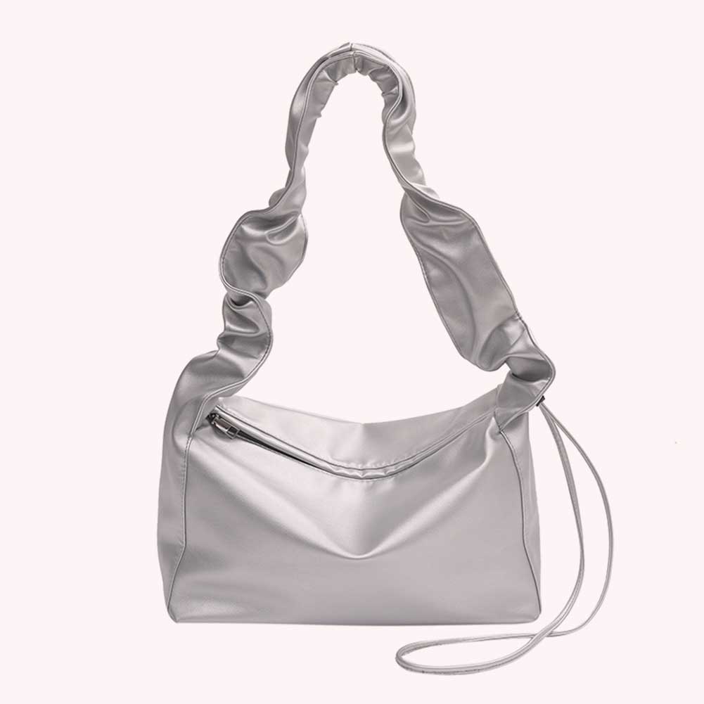 Women Shoulder Bags Pleated Drawstring Fashion Ladies Handbags Personalized Solid Color PU Leather Simple Girls Tote Bag Purse