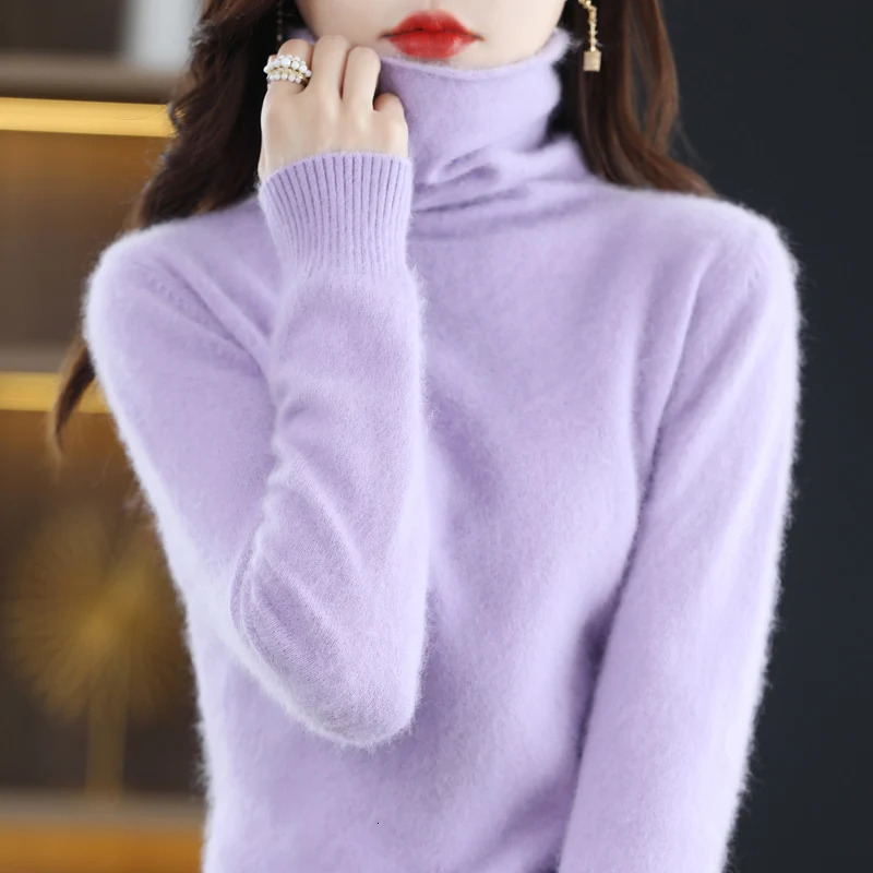 High Collar Mink Cashmere Sweater Womens Pullover AutumnWinter Knitted Sweater Loose Bottom Fashion Basic Top 241107