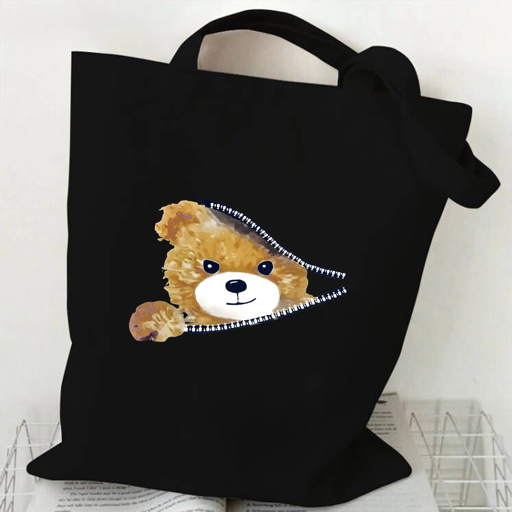 Cute Teddy Bear Pattern Tote Bag Women Men Cartoon Shopping Bags Casual Canvas Shoulder Bag Teen Portable Storage Bag Handbags