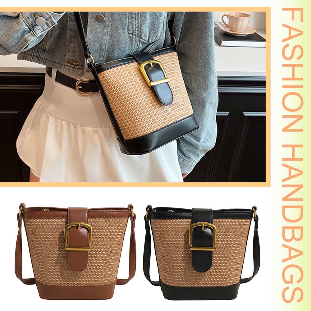 Straw Crossbody Bags for Women Raffia Woven Shoulder Bag PU Leather Straw Bucket Bag Rattan Handbag Purses Summer Beach Bag