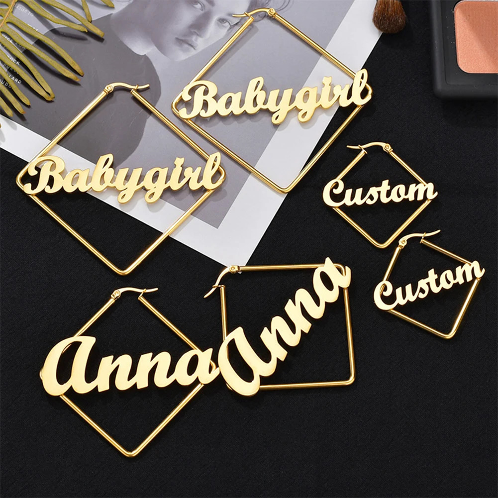 YHUISO Customized Name Ring Earrings Personalized Letter Name Plate Stainless Steel Gothic Flower Emblem Earrings 241106