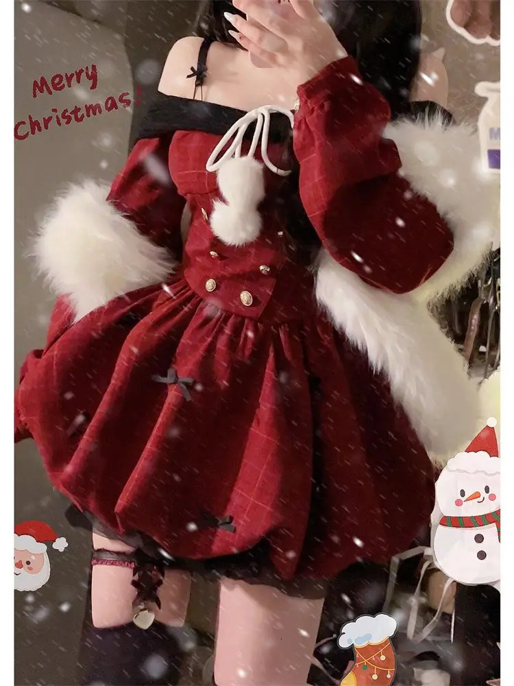 2025 Christmas Red Sweet Y2k Patchwork Womens Party Dress Slash Neck Long Sleeve Autumn Winter Ball Gown Dresses for Holiday 241107