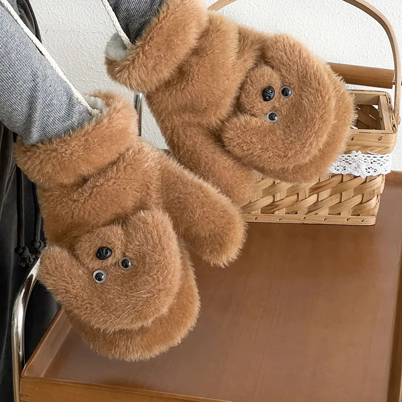 Korean cute cartoon teddy dog double-layer thick warm plush gloves for sports winter outdoor skiing cycling windproof gloves 241107