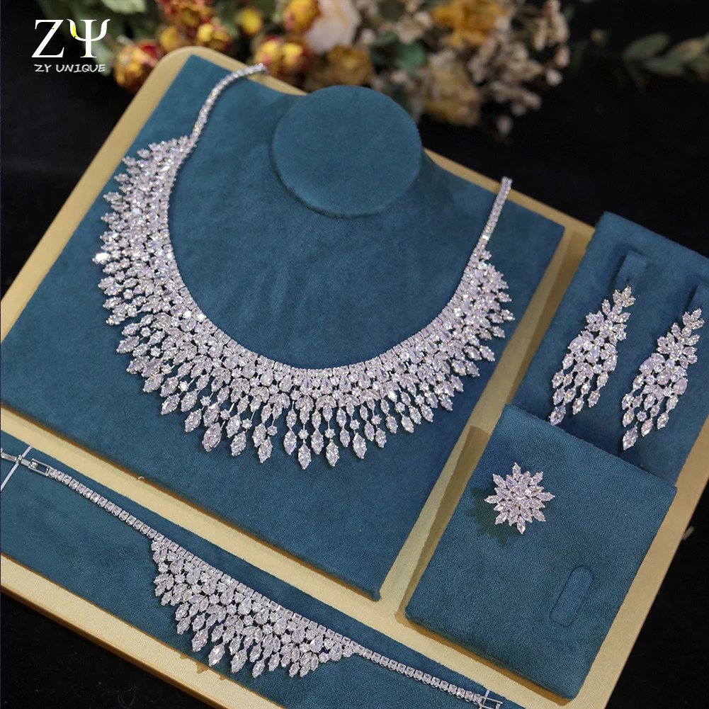 Fashionable white 5A CZ zirconia leaf earring necklace suitable for female brides wedding jewelry set Bijoux womens combination 241106