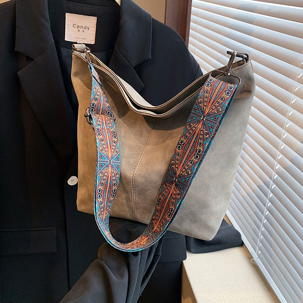 Vintage Solid Color PU Leather Women Fashion Shoulder Sling Bag Simple Wide Strap Bucket Crossbody Bag Retro Style Hobo Bag