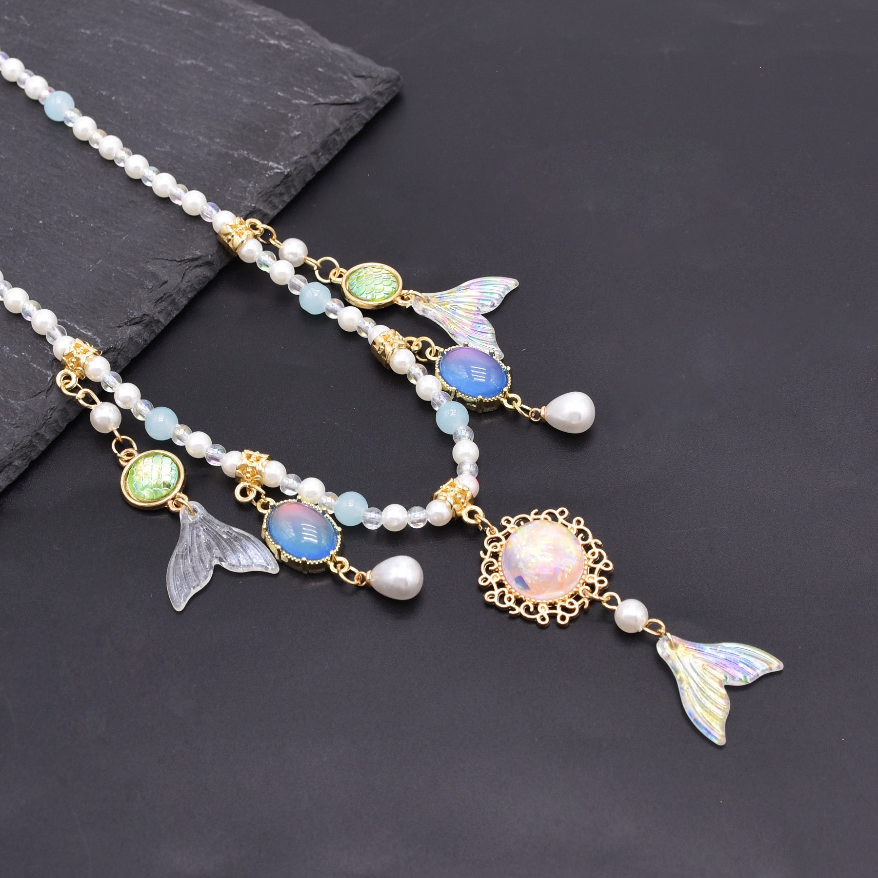 Antique Style Imitation Pearl Colorful Bead Fish Tail Necklace Mermaid Princess Hanfu Photo Super Fairy Gradient Tassel Necklace