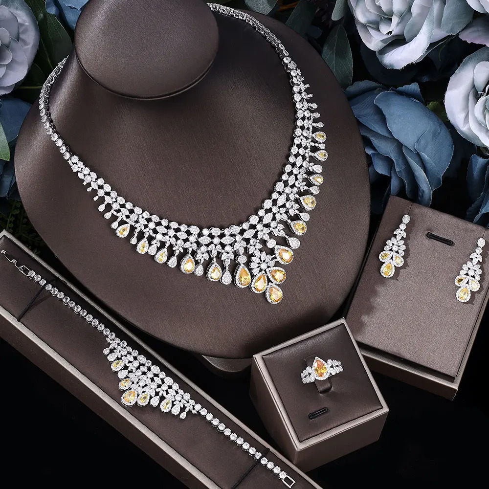Zircon Super Tassel Water Drop Wedding Bridal Necklace Earrings 4-piece Nigerian Dubai Womens Jewelry Set 241106