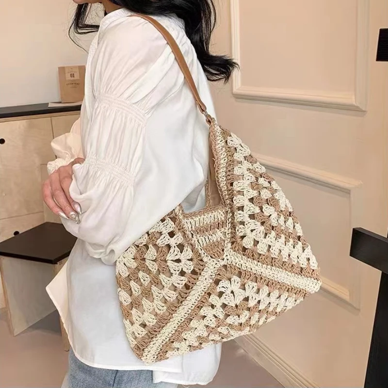 Women Weaving Clutches Top-handle Bag Large Portable Shoulder Bag Summer Beach Purses Shopper Satchel Female Tote Bags Handbags