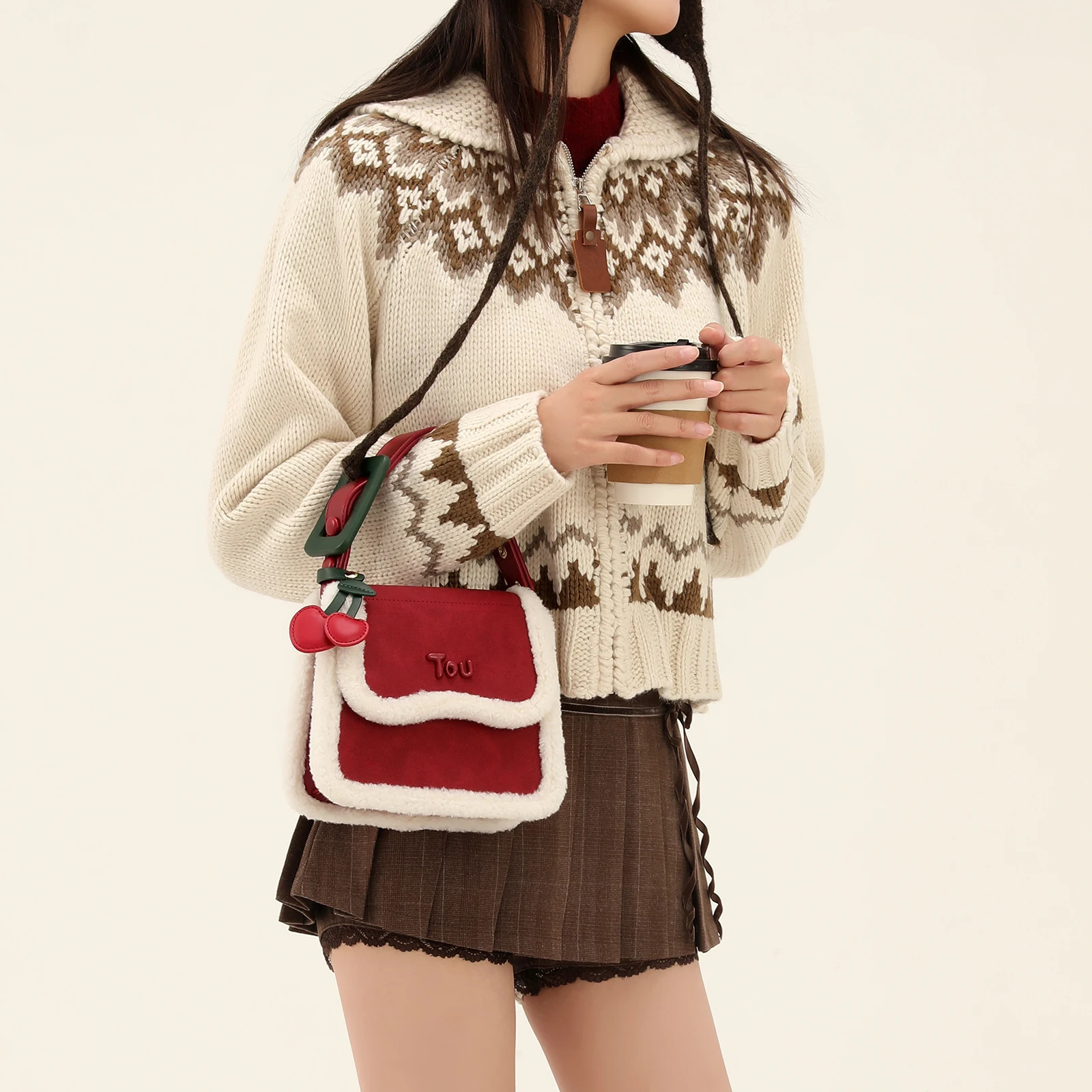 Home>Products>Autumn>Winter Texture Christmas Atmosphere>Shoulder Bag>Plush Cherry Saddle Bag 241106