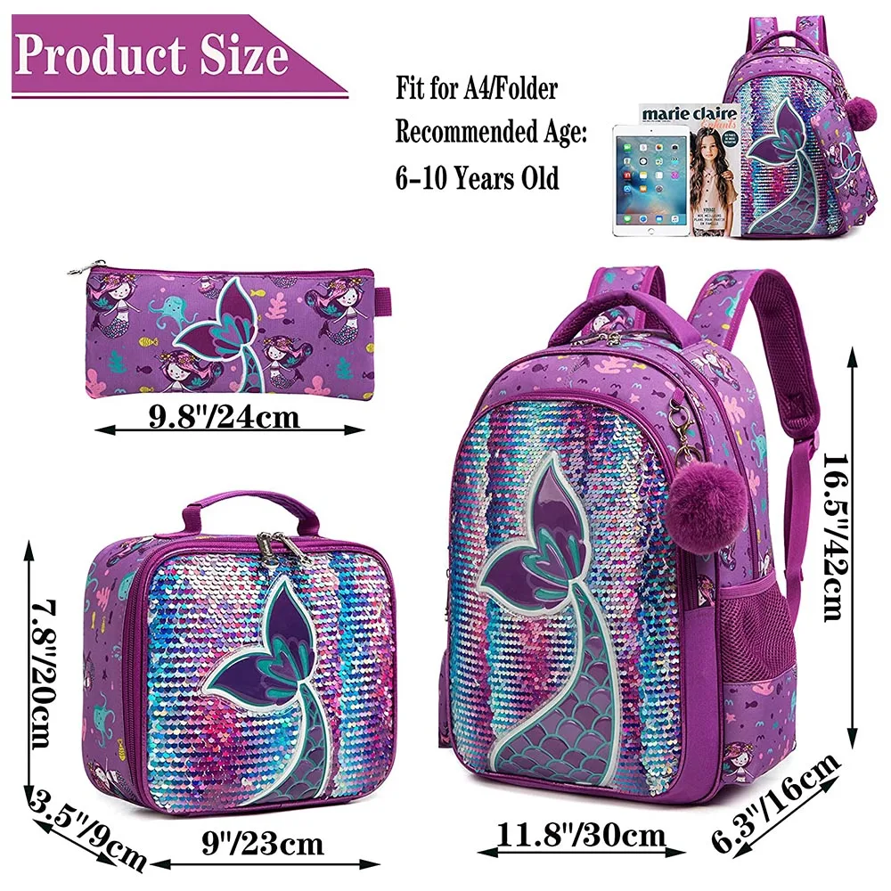 16 Inch School Backpack Girls Girls School Supplies Set Bags Girls School Sequin Backpack with Lunch Box Backpack Women