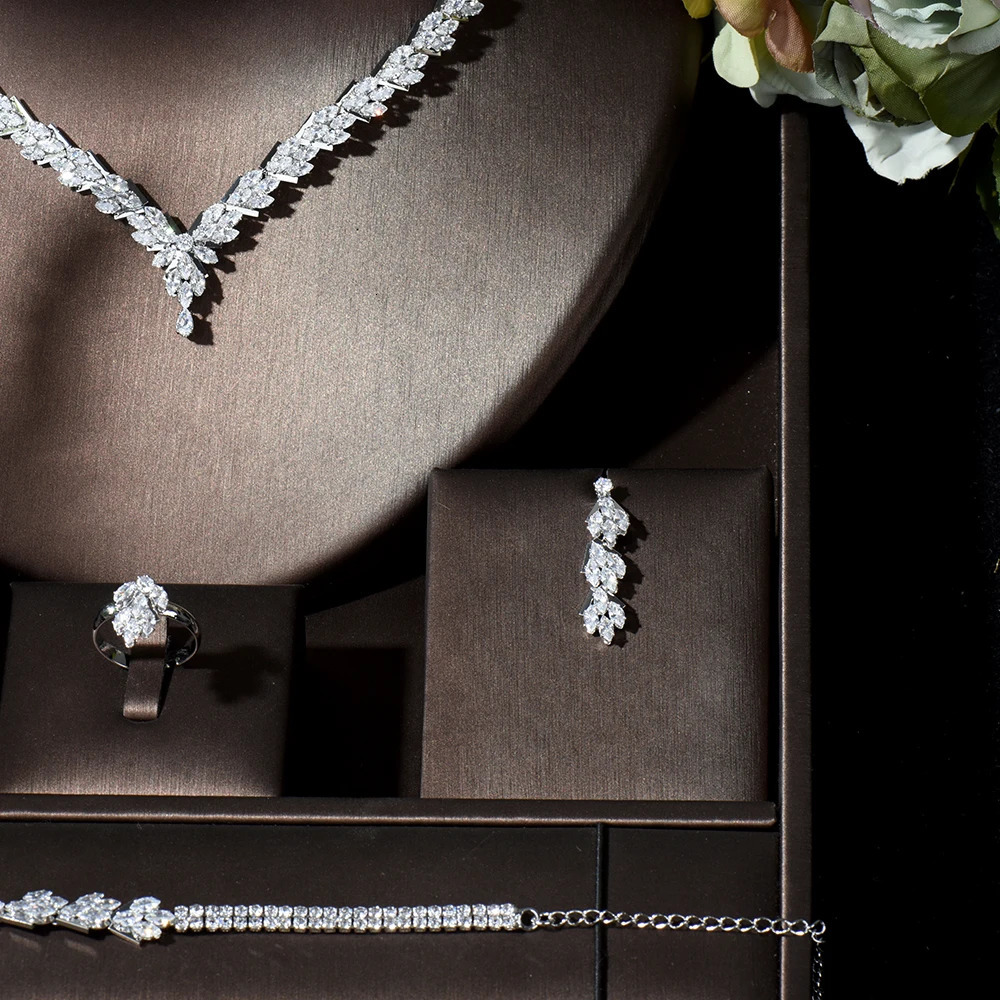 HIBRIDE Fashion Leaf n 4-piece CZ female bride wedding jewelry set earrings necklace set parrure bijoux female Mary N-119 241106
