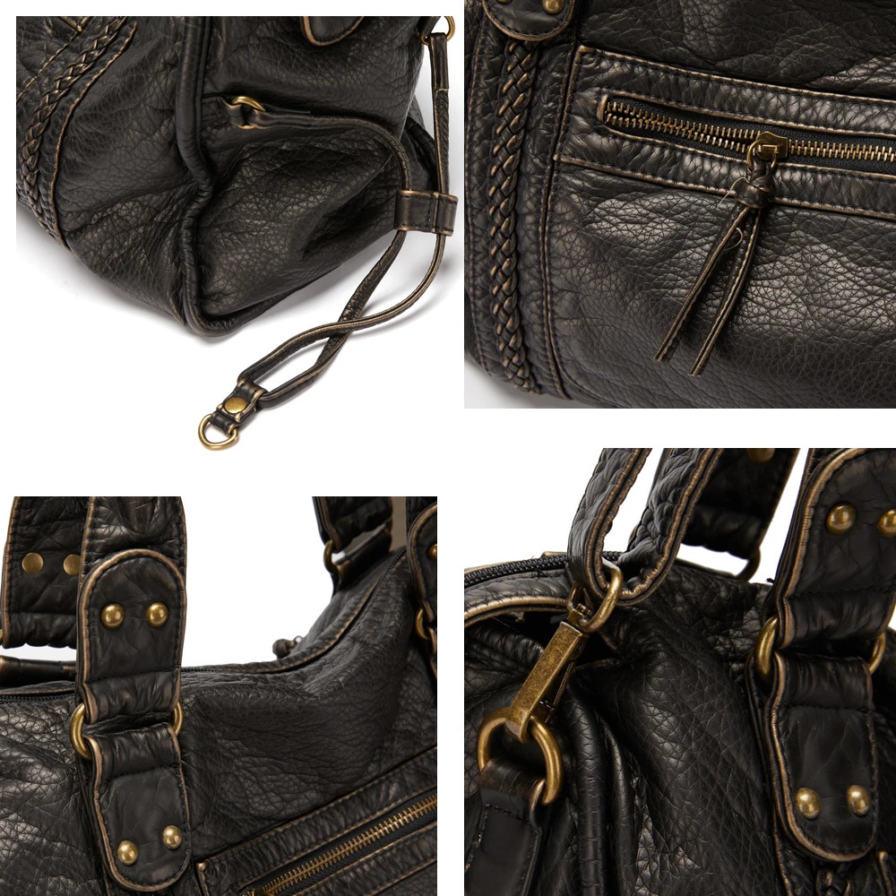 Annmouler large capacity womens handbag Pu leather handbag retro washable leather shoulder bag high-quality womens handbag 241106