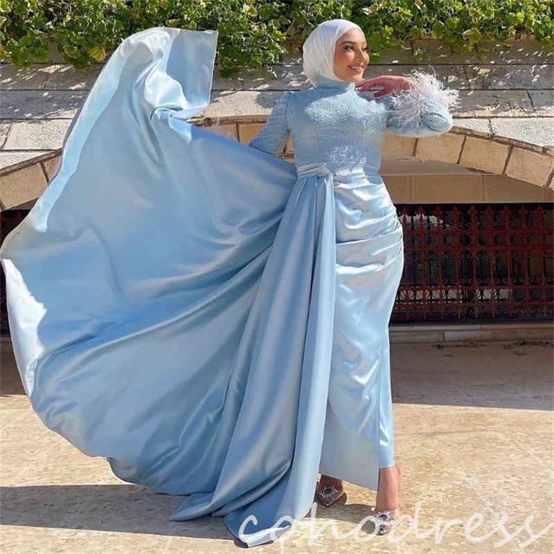 Baby Blue Muslim Evening Dresses With Train Glitter Sequin Long Sleeve Feather Prom Dress Islamic Abaya Dubai Brithday Dress Formal Occasion Vestio Fi