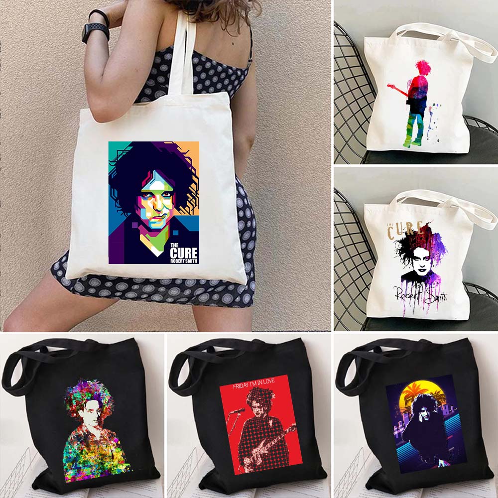 1986 The Cure Robert Smith Rock Band Hip Hop Fashion Graphic Street Style Canvas Shoulder Handbag Tote Shopper Punk Shopping Bag