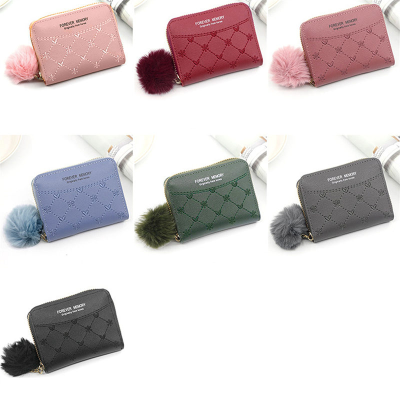 Tri-Fold Hairball Women Short Wallet Solid Color Mini Clip Coin Purse For Ladies Credit ID Card Holder Female Money Bag Y260206