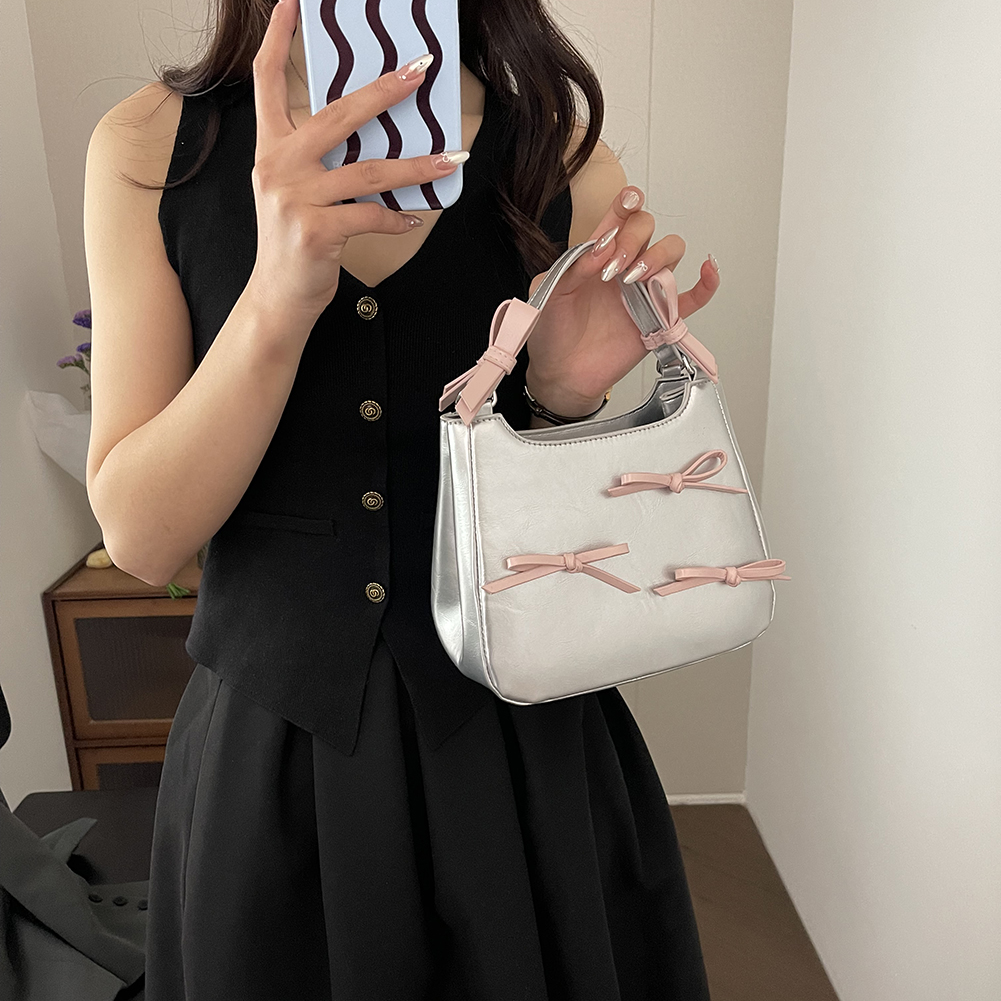 Sweet Bow Shoulder Bag PU Leather Aesthetic Crossbody Bag Contrast Color Trendy Tote Bag with Adjustable Strap Top Handle Bag