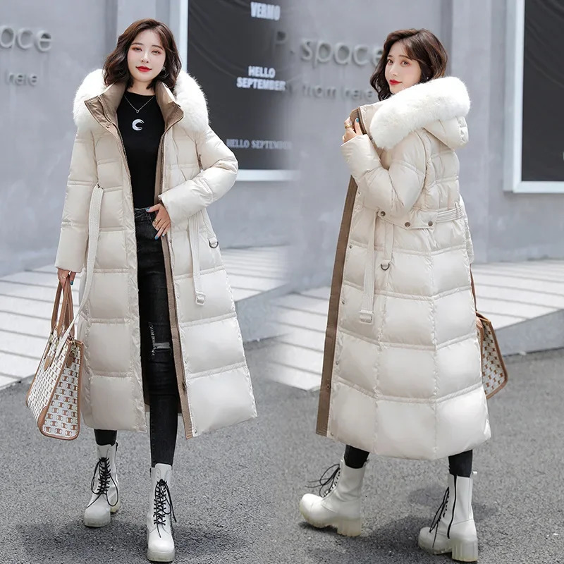 Winter jacket thick hair cultural and moral expression with a longer warmth tied on a cotton padded womens coat 241107