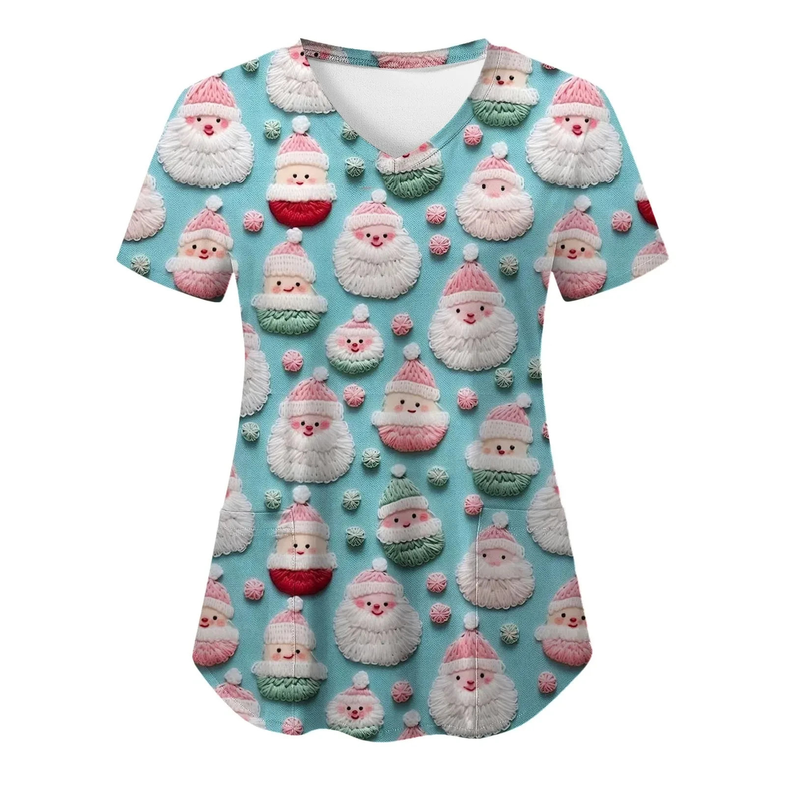 Christmas Clinical Uniform Woman Santa Claus Cartoon Print Dental Scrub Tops VNeck Short Sleeve with Pocket Nurse 241029
