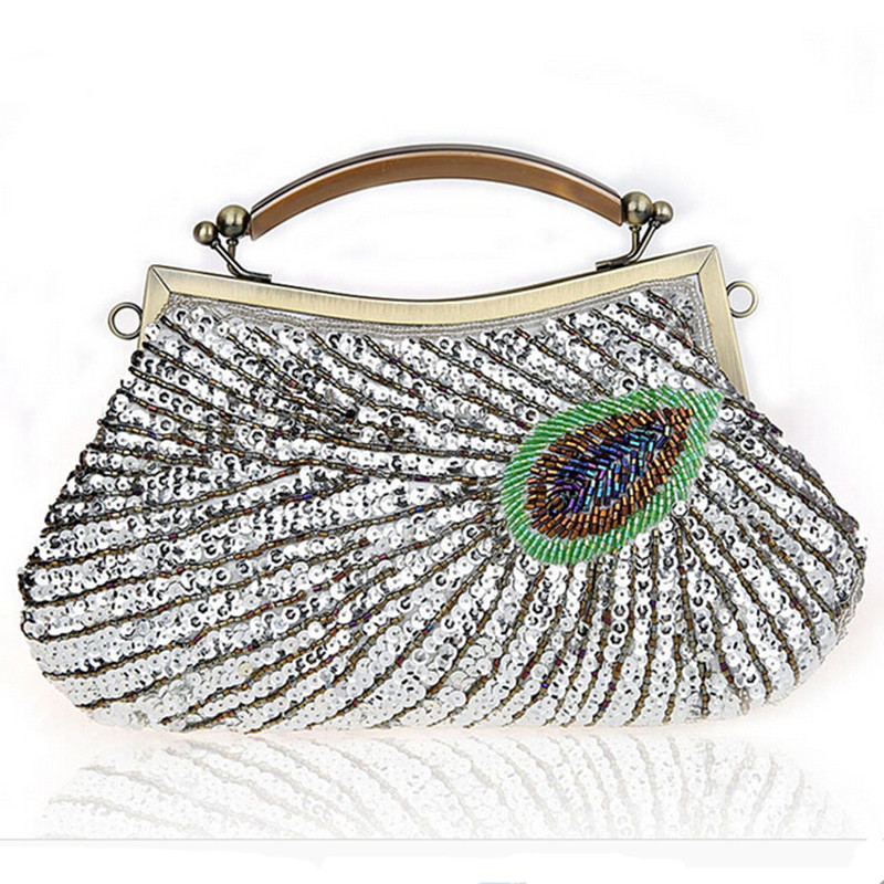 Handmade beaded sparkling bling satin and sequins lady handbag vintage women shoulder bag evening party clutch purse with chain